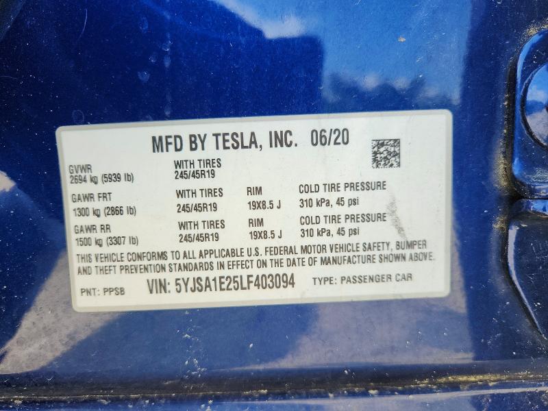 Aukcja sprzedaży 2020 Tesla Model S, vin: 5YJSA1E25LF403094, numer aukcji: 62818346