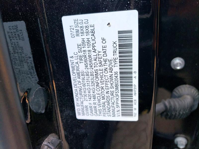 Aukcja sprzedaży 2021 Honda Ridgeline, vin: 5FPYK3F53MB020436, numer aukcji: 60827486