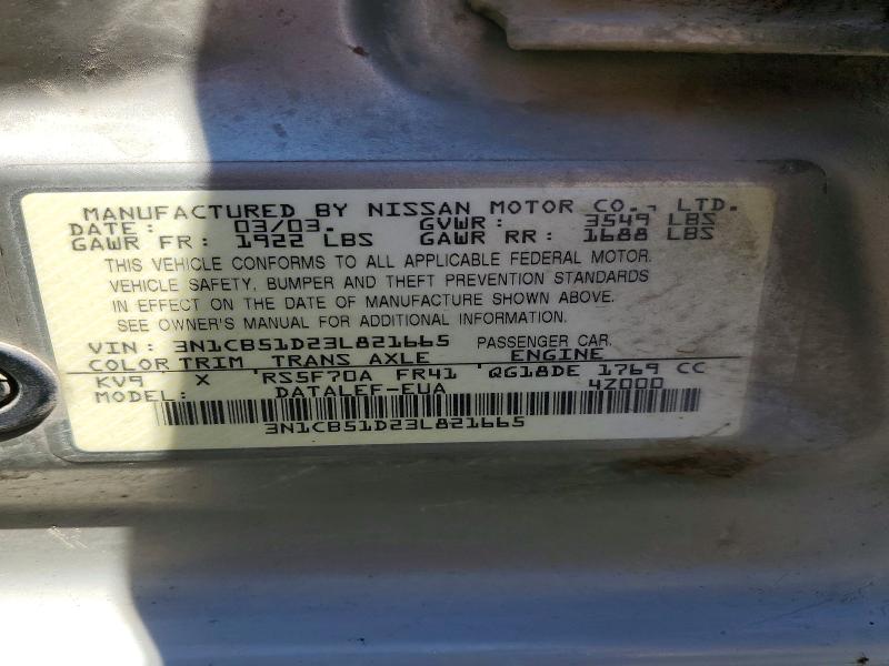 Продаж на аукціоні авто 2003 Nissan Sentra, vin: 3N1CB51D23L821665, номер лоту: 60880976