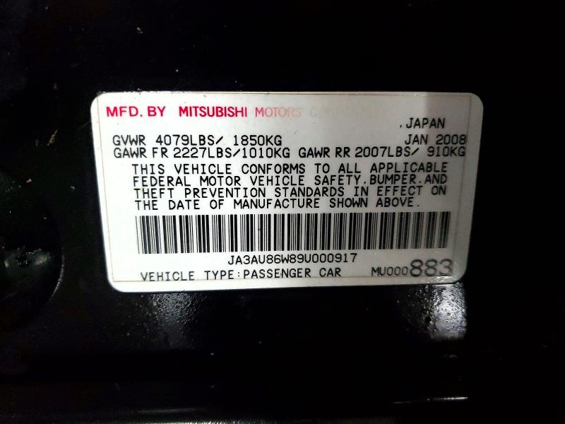 Auction sale of the 2009 Mitsubishi Lancer, vin: JA3AU86W89U000917, lot number: 60411526