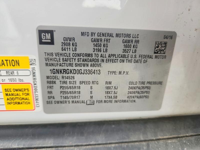 62660396 :رقم المزاد ، 1GNKRGKD0GJ336413 vin ، 2016 Chevrolet Traverse مزاد بيع