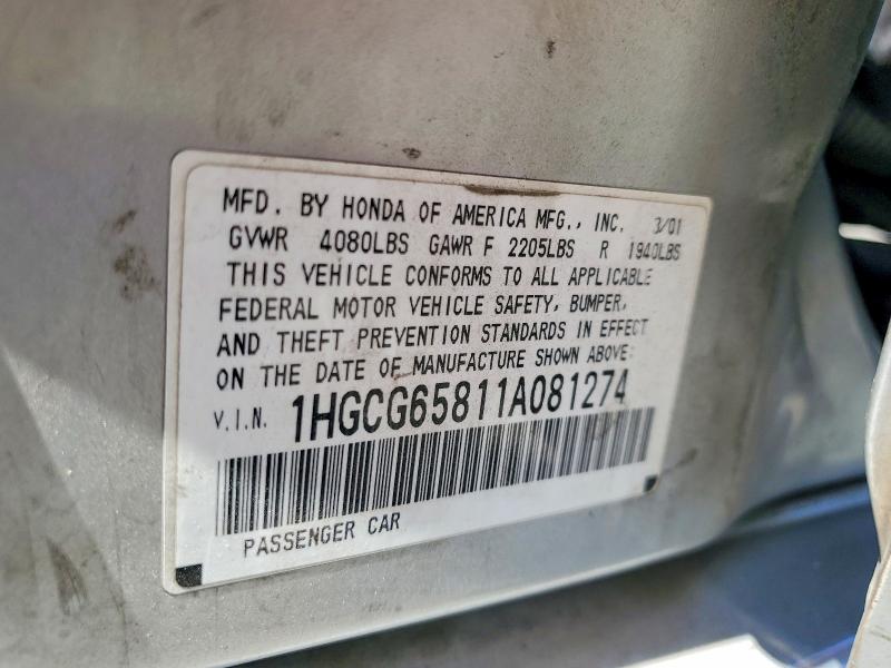 Aukcja sprzedaży 2001 Honda Accord, vin: 1HGCG65811A081274, numer aukcji: 60007696