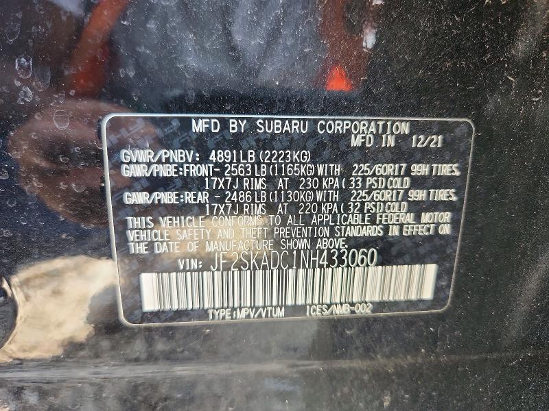 Продаж на аукціоні авто 2022 Subaru Forester, vin: JF2SKADC1NH433060, номер лоту: 59535606
