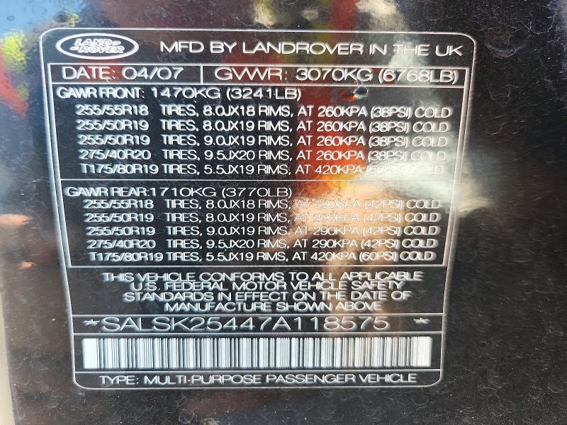 Продаж на аукціоні авто 2007 Land Rover Range Rover Sport, vin: SALSK25447A118575, номер лоту: 60750876
