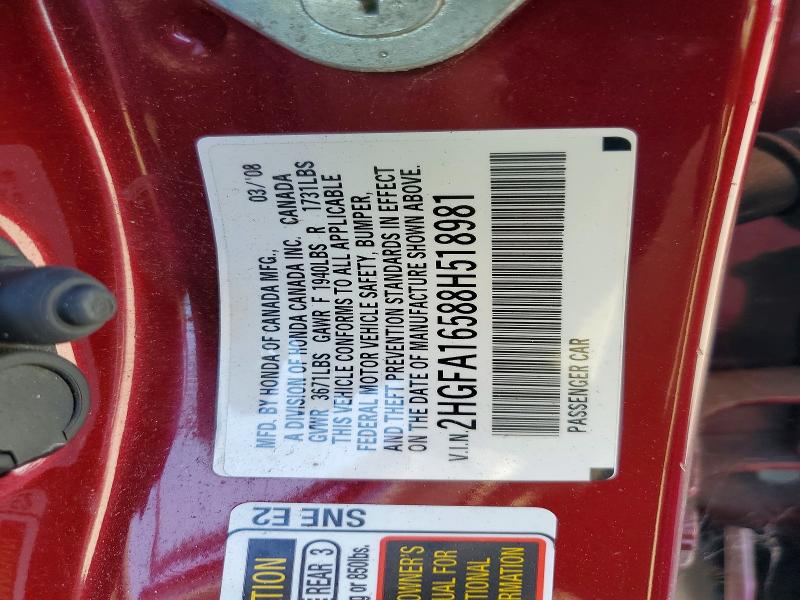 Aukcja sprzedaży 2008 Honda Civic, vin: 2HGFA16588H518981, numer aukcji: 60718436