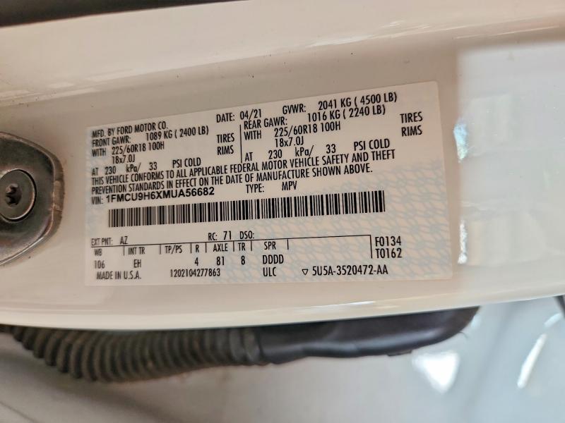 60684286 :رقم المزاد ، 1FMCU9H6XMUA56682 vin ، 2021 Ford Escape مزاد بيع