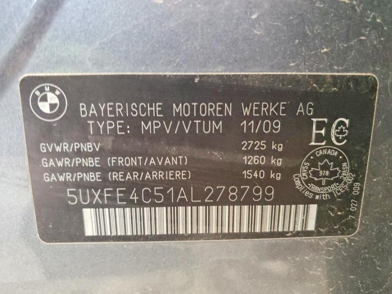 58418786 :رقم المزاد ، 5UXFE4C51AL278799 vin ، 2010 Bmw X5 مزاد بيع