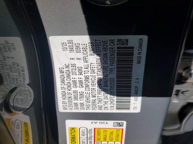 Продажа на аукционе авто 2026 Honda Civic, vin: 2HGFE2F51TH535303, номер лота: 61026666