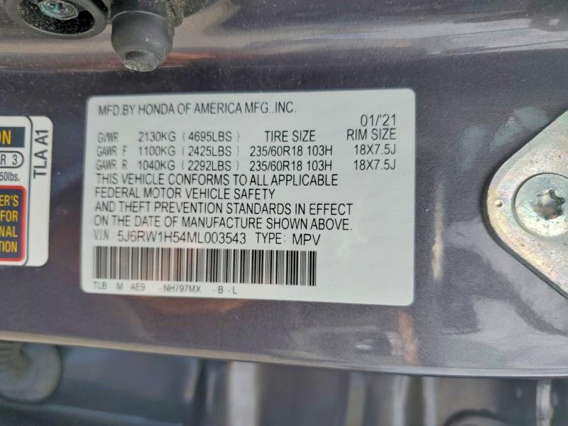 2021 Honda Cr-v მანქანა იყიდება აუქციონზე, vin: 5J6RW1H54ML003543, აუქციონის ნომერი: 59370156