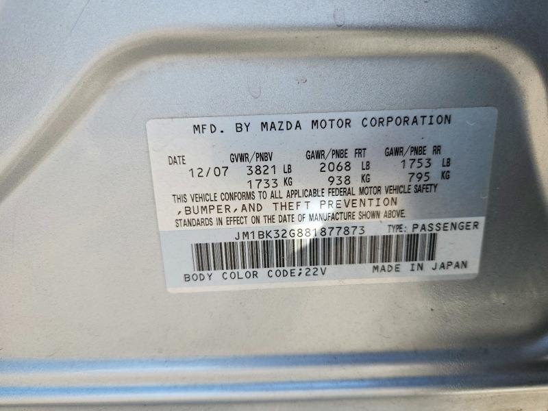 Aukcja sprzedaży 2008 Mazda 3, vin: JM1BK32G881877873, numer aukcji: 61758756