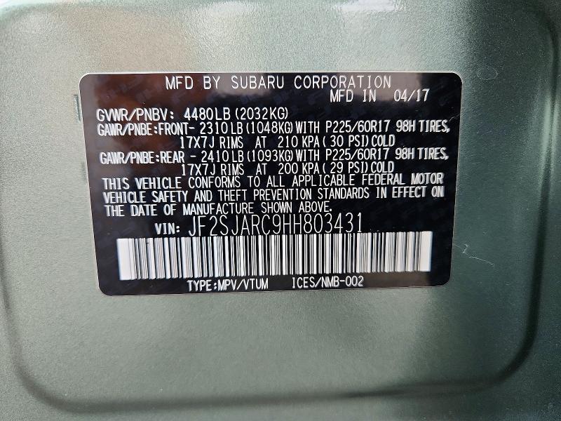 Aukcja sprzedaży 2017 Subaru Forester, vin: JF2SJARC9HH803431, numer aukcji: 62452356