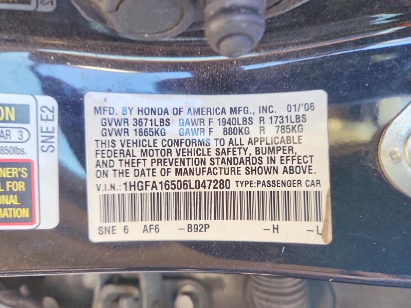 60172676 :رقم المزاد ، 1HGFA16506L047280 vin ، 2006 Honda Civic مزاد بيع