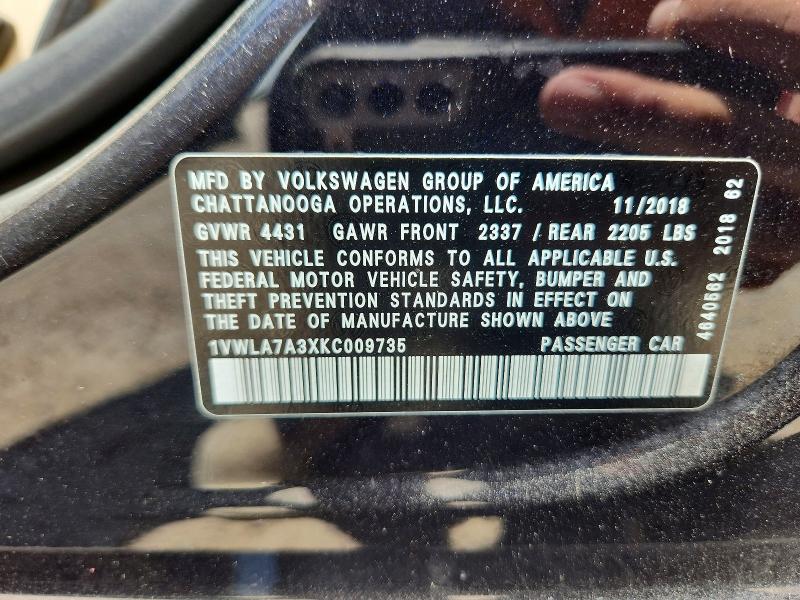 Aukcja sprzedaży 2019 Volkswagen Passat, vin: 1VWLA7A3XKC009735, numer aukcji: 59538266