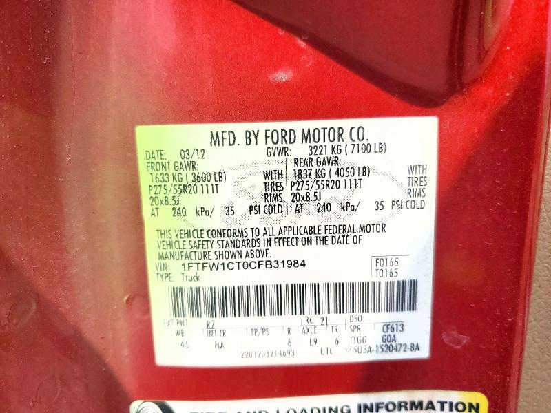 62827426 :رقم المزاد ، 1FTFW1CT0CFB31984 vin ، 2012 Ford F150 مزاد بيع