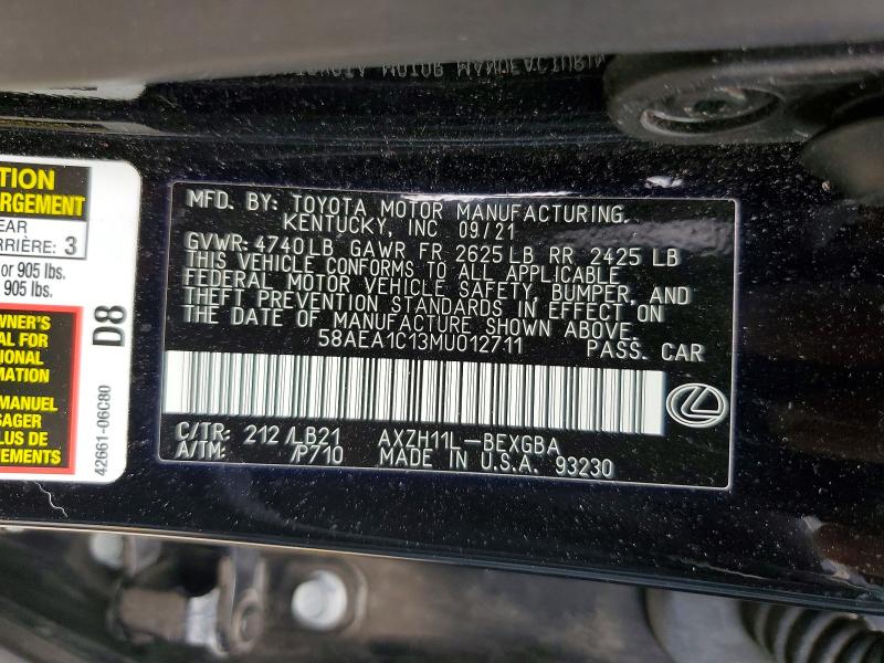 Aukcja sprzedaży 2021 Lexus Es, vin: 58AEA1C13MU012711, numer aukcji: 60886996