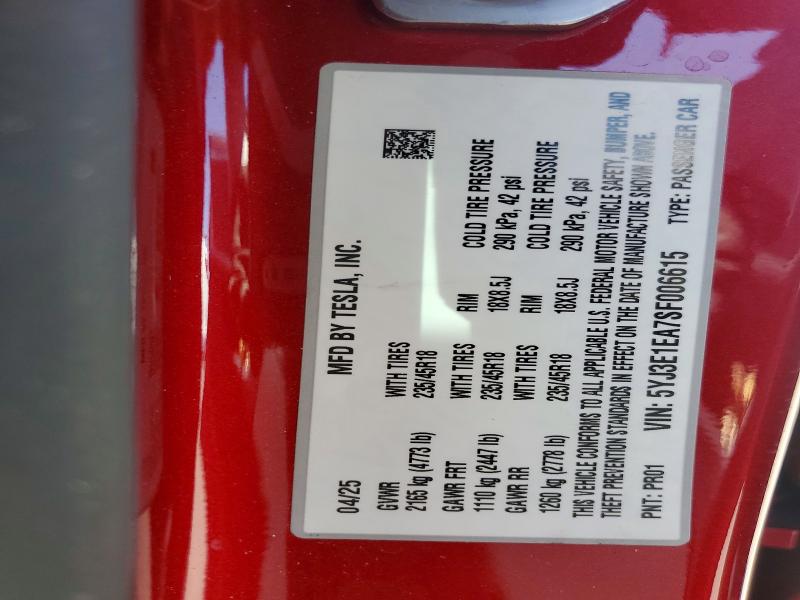 Продажа на аукционе авто 2025 Tesla Model 3, vin: 5YJ3E1EA7SF006615, номер лота: 60071406