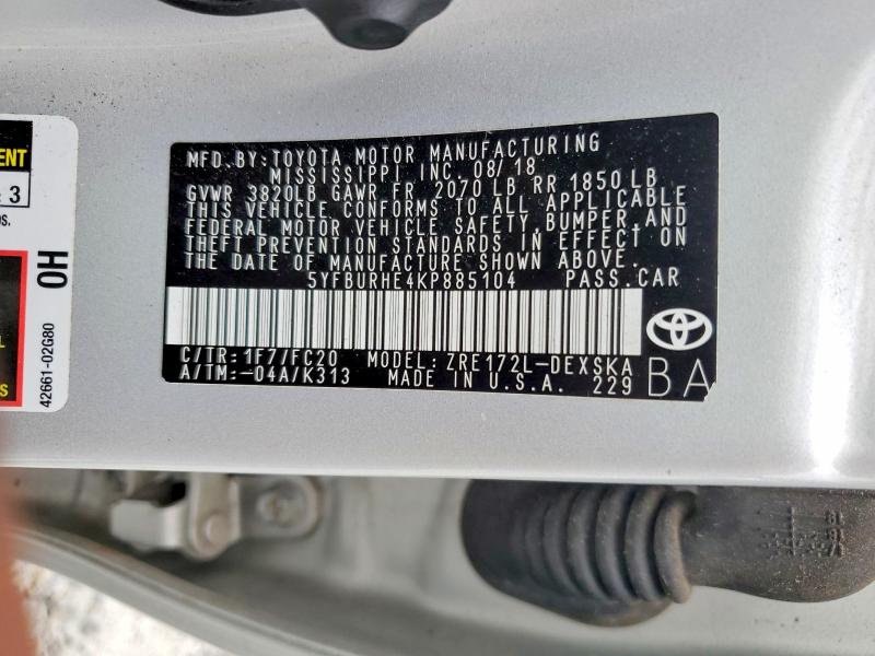 Auction sale of the 2019 Toyota Corolla, vin: 5YFBURHE4KP885104, lot number: 62785056