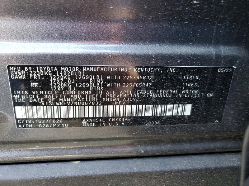 61083286 :رقم المزاد ، 4T3LWRFV7NU067832 vin ، 2022 Toyota Rav4 مزاد بيع