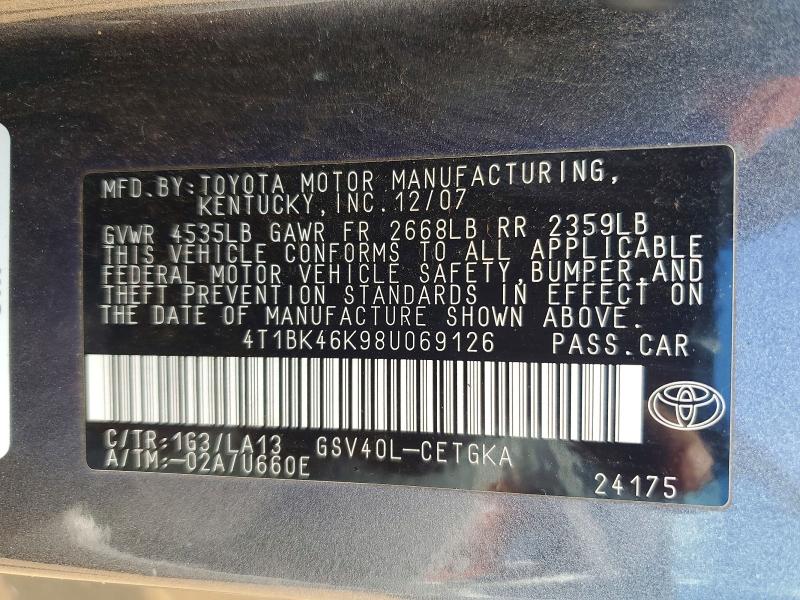 Aukcja sprzedaży 2008 Toyota Camry, vin: 4T1BK46K98U069126, numer aukcji: 60052986