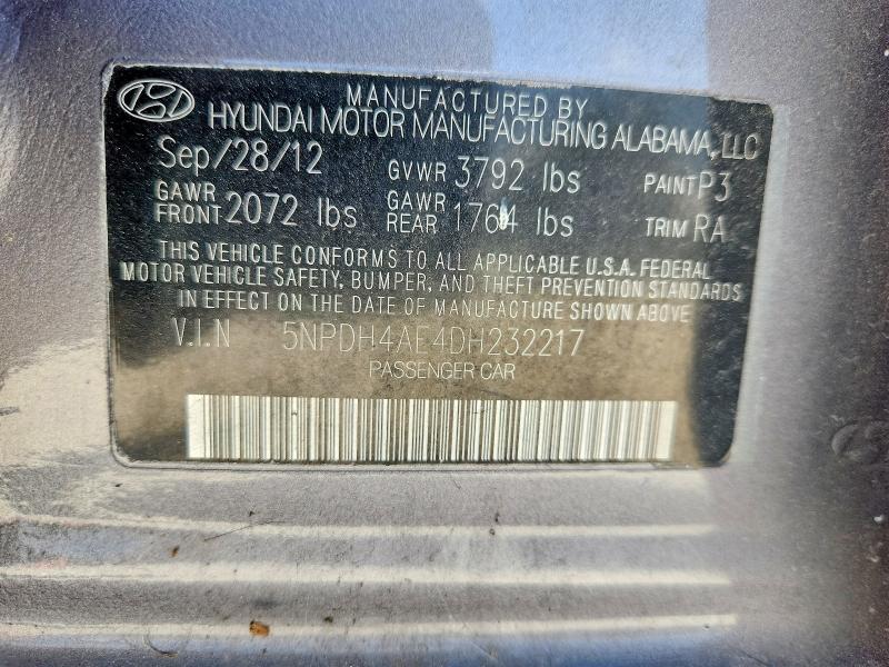 61849776 :رقم المزاد ، 5NPDH4AE4DH232217 vin ، 2013 Hyundai Elantra مزاد بيع