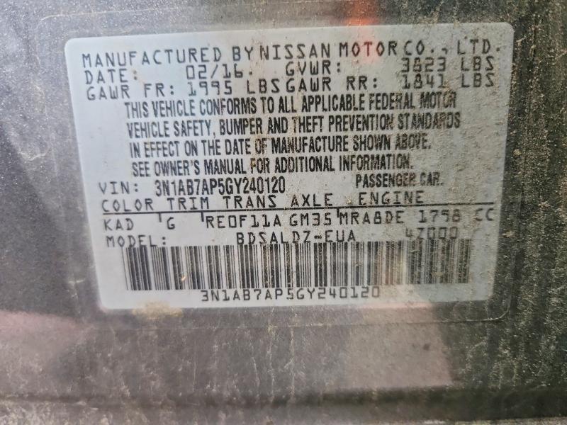 2016 Nissan Sentra მანქანა იყიდება აუქციონზე, vin: 3N1AB7AP5GY240120, აუქციონის ნომერი: 62989326