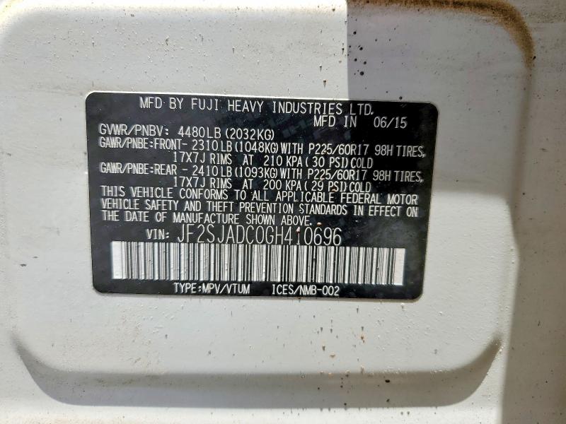 62159866 :رقم المزاد ، JF2SJADC0GH410696 vin ، 2016 Subaru Forester مزاد بيع