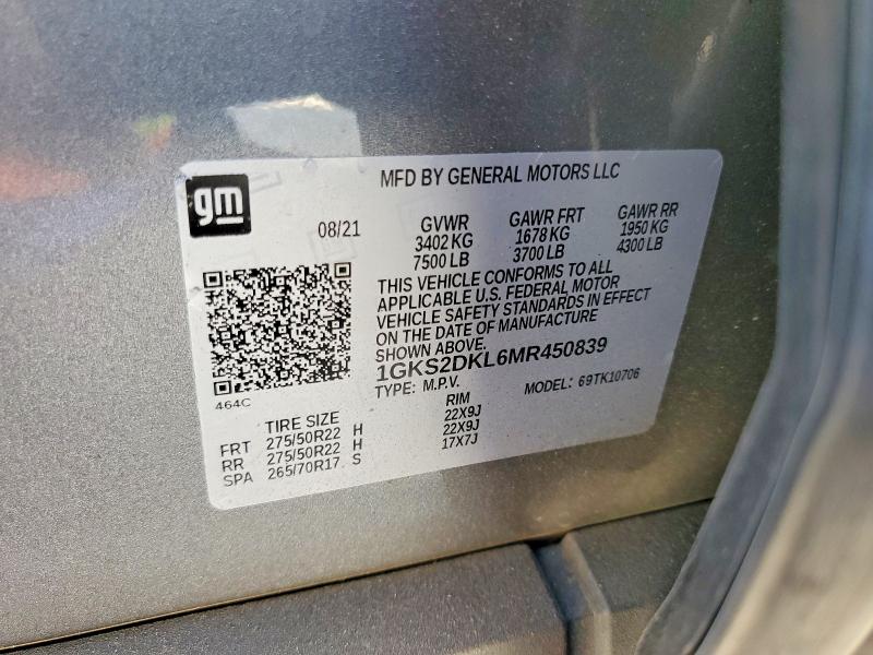 59727246 :رقم المزاد ، 1GKS2DKL6MR450839 vin ، 2021 Gmc Yukon مزاد بيع