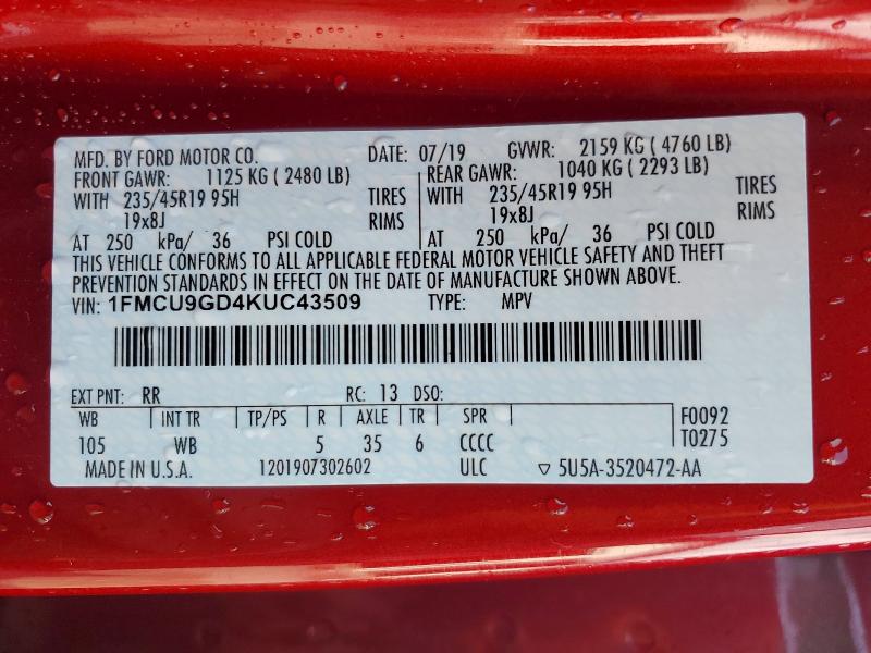 2019 Ford Escape მანქანა იყიდება აუქციონზე, vin: 1FMCU9GD4KUC43509, აუქციონის ნომერი: 63363256