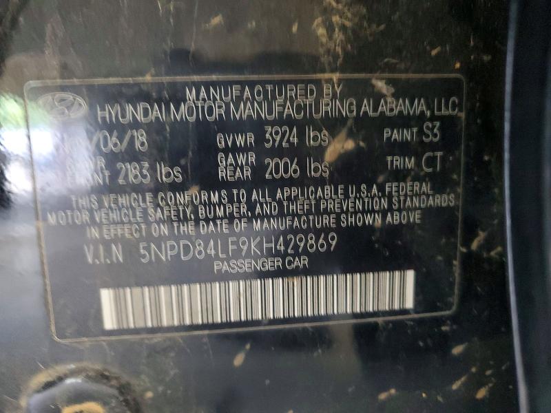 60575936 :رقم المزاد ، 5NPD84LF9KH429869 vin ، 2019 Hyundai Elantra مزاد بيع
