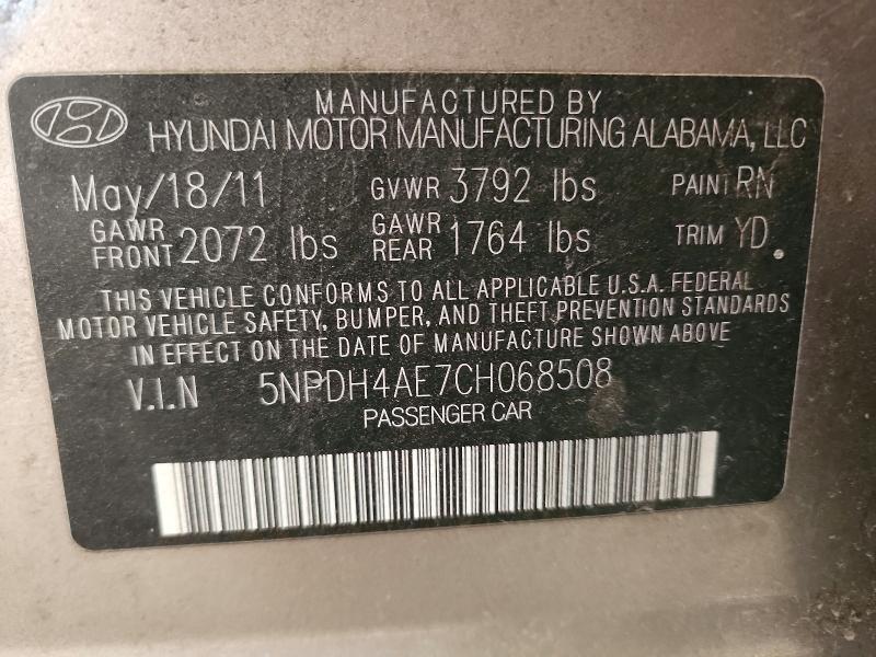 61250896 :رقم المزاد ، 5NPDH4AE7CH068508 vin ، 2012 Hyundai Elantra مزاد بيع