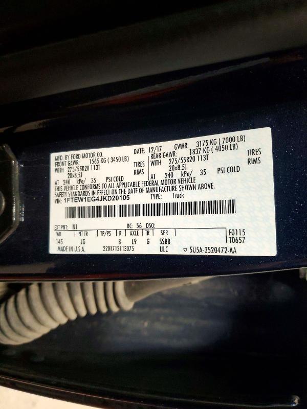 2018 Ford F150 მანქანა იყიდება აუქციონზე, vin: 1FTEW1EG4JKD20105, აუქციონის ნომერი: 60887916