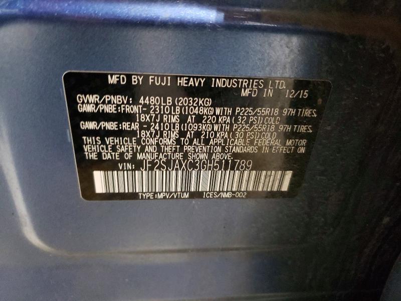 Aukcja sprzedaży 2016 Subaru Forester, vin: JF2SJAXC3GH511789, numer aukcji: 60239896