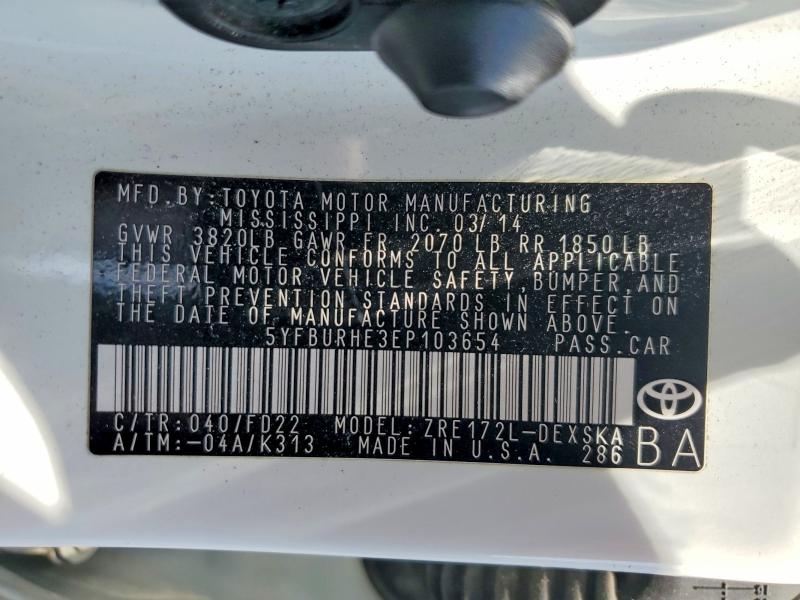 Aukcja sprzedaży 2014 Toyota Corolla, vin: 5YFBURHE3EP103654, numer aukcji: 59349656