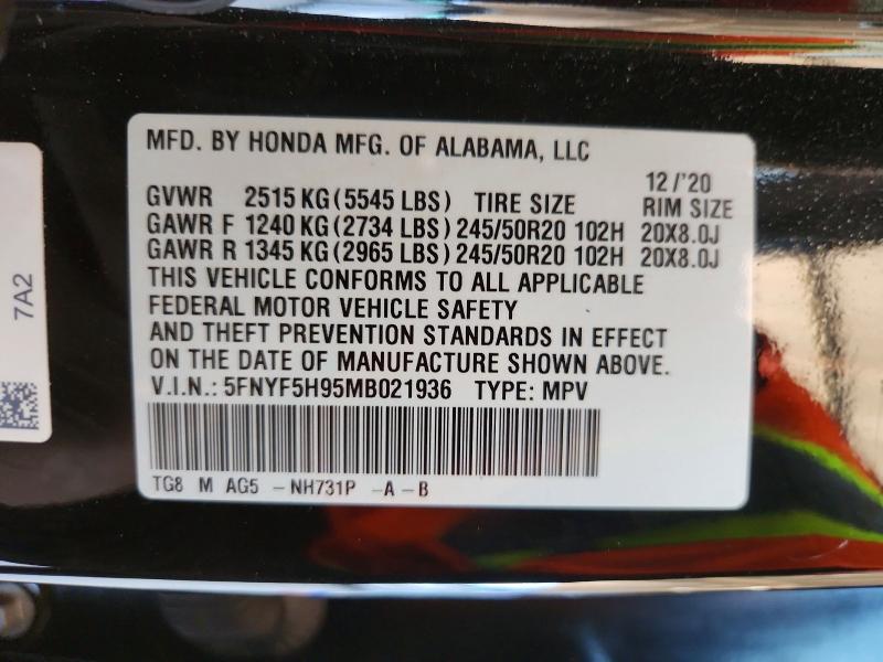 62996966 :رقم المزاد ، 5FNYF5H95MB021936 vin ، 2021 Honda Pilot مزاد بيع