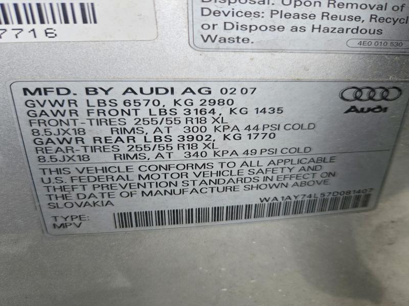 60678396 :رقم المزاد ، WA1AY74L57D081407 vin ، 2007 Audi Q7 مزاد بيع