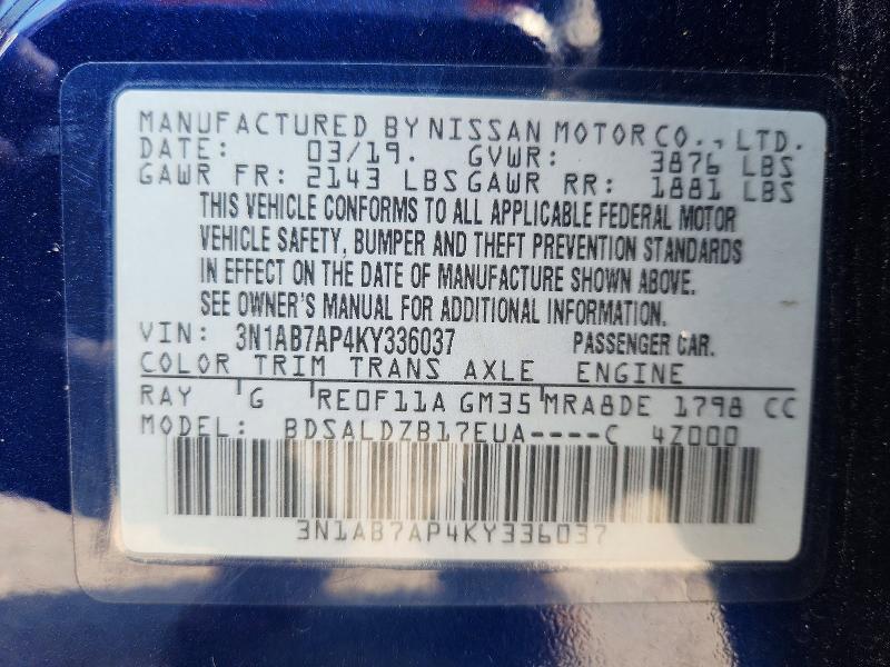 Aukcja sprzedaży 2019 Nissan Sentra, vin: 3N1AB7AP4KY336037, numer aukcji: 60222196