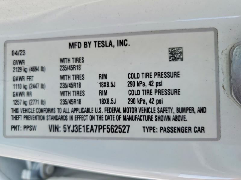 60963456 :رقم المزاد ، 5YJ3E1EA7PF562527 vin ، 2023 Tesla Model 3 مزاد بيع