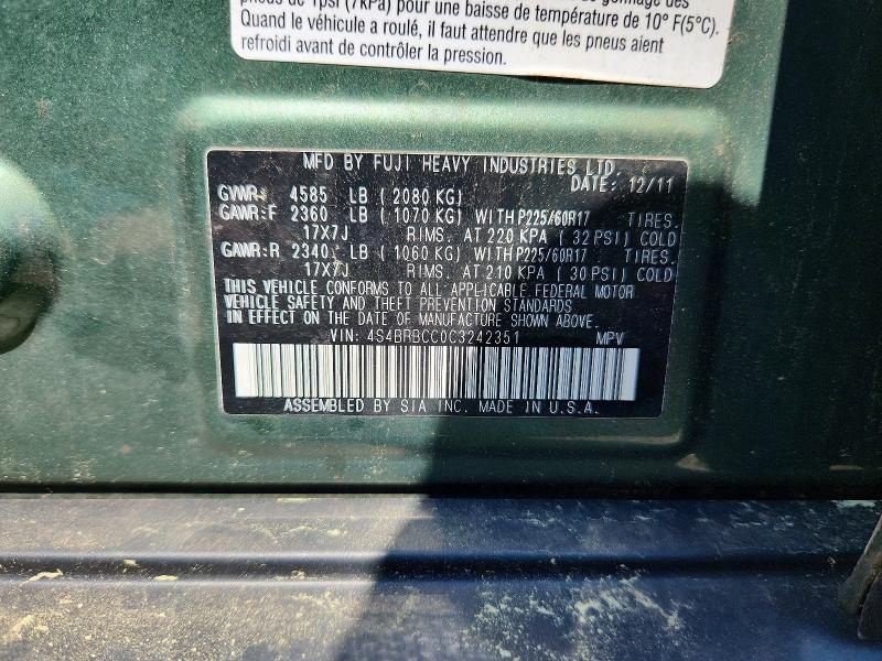 2012 Subaru Outback მანქანა იყიდება აუქციონზე, vin: 4S4BRBCC0C3242351, აუქციონის ნომერი: 62435236
