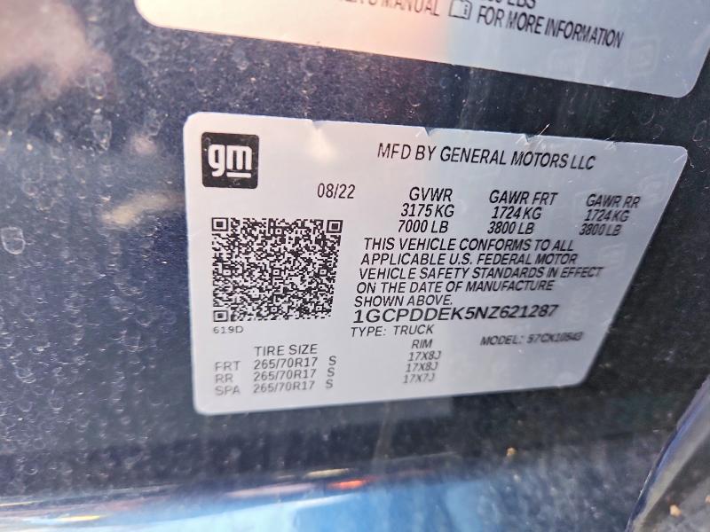 Продажа на аукционе авто 2022 Chevrolet Silverado, vin: 1GCPDDEK5NZ621287, номер лота: 61804726