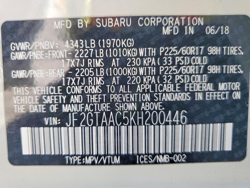 59279666 :رقم المزاد ، JF2GTAAC5KH200446 vin ، 2019 Subaru Crosstrek مزاد بيع