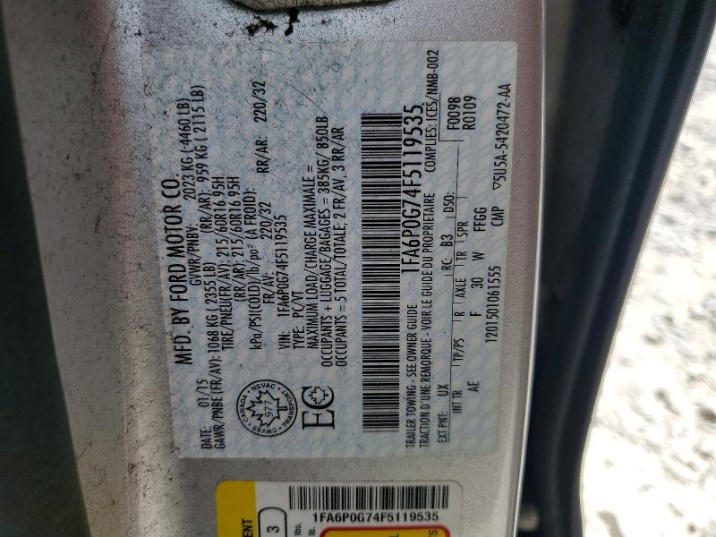 60574746 :رقم المزاد ، 1FA6P0G74F5119535 vin ، 2015 Ford Fusion مزاد بيع