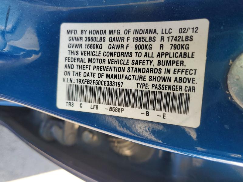 59905276 :رقم المزاد ، 19XFB2F50CE333197 vin ، 2012 Honda Civic مزاد بيع