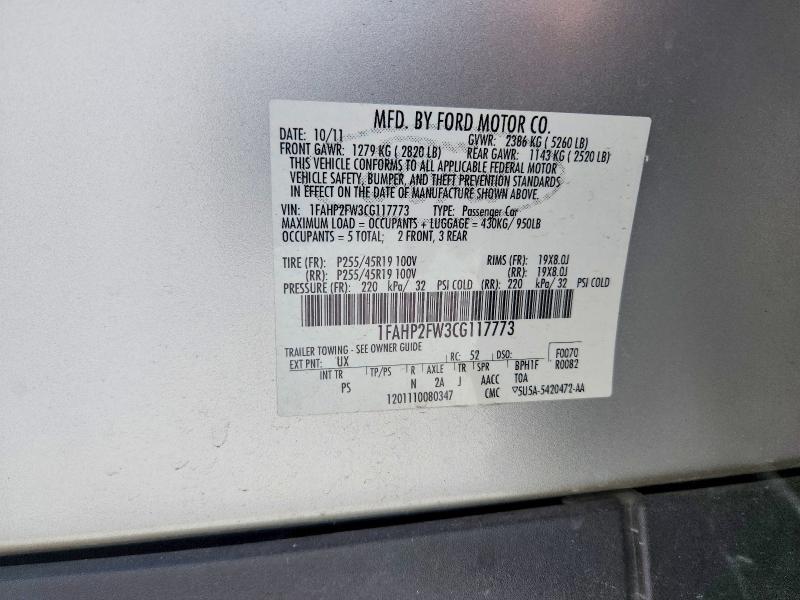 2012 Ford Taurus მანქანა იყიდება აუქციონზე, vin: 1FAHP2FW3CG117773, აუქციონის ნომერი: 59686676