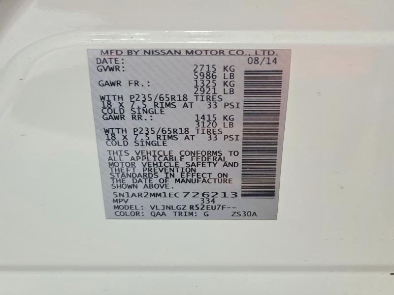 60892386 :رقم المزاد ، 5N1AR2MM1EC726213 vin ، 2014 Nissan Pathfinder مزاد بيع