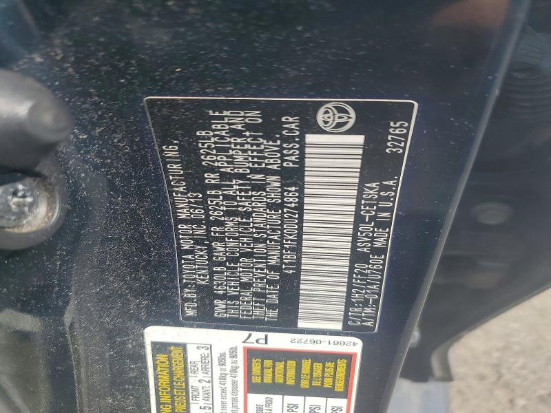 Aukcja sprzedaży 2013 Toyota Camry, vin: 4T1BF1FK0DU274864, numer aukcji: 58190246