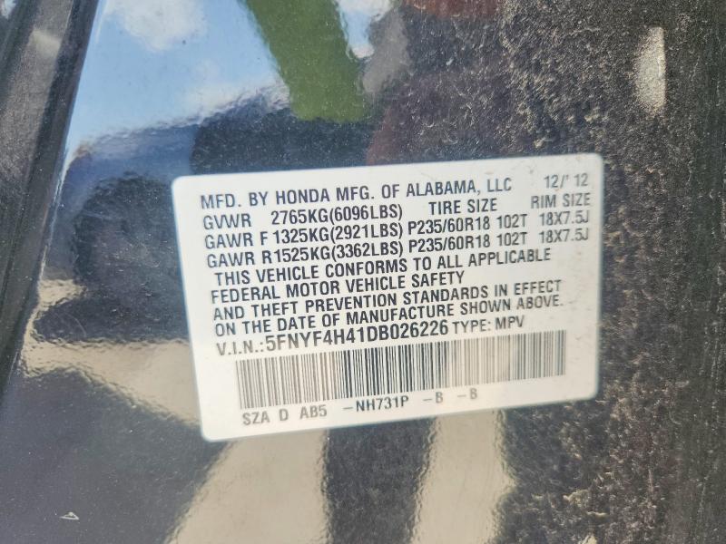 61902216 :رقم المزاد ، 5FNYF4H41DB026226 vin ، 2013 Honda Pilot مزاد بيع
