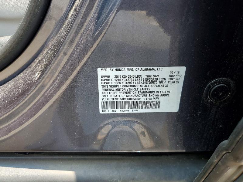 Aukcja sprzedaży 2016 Honda Pilot, vin: 5FNYF5H92GB053960, numer aukcji: 62454006