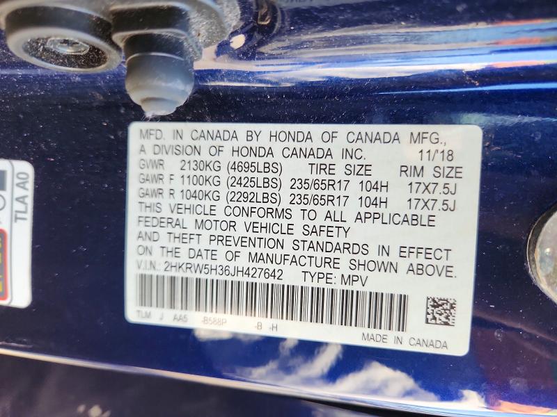 2018 Honda Cr-v მანქანა იყიდება აუქციონზე, vin: 2HKRW5H36JH427642, აუქციონის ნომერი: 59726046