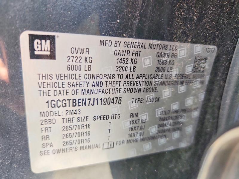 58736886 :رقم المزاد ، 1GCGTBEN7J1190476 vin ، 2018 Chevrolet Colorado مزاد بيع