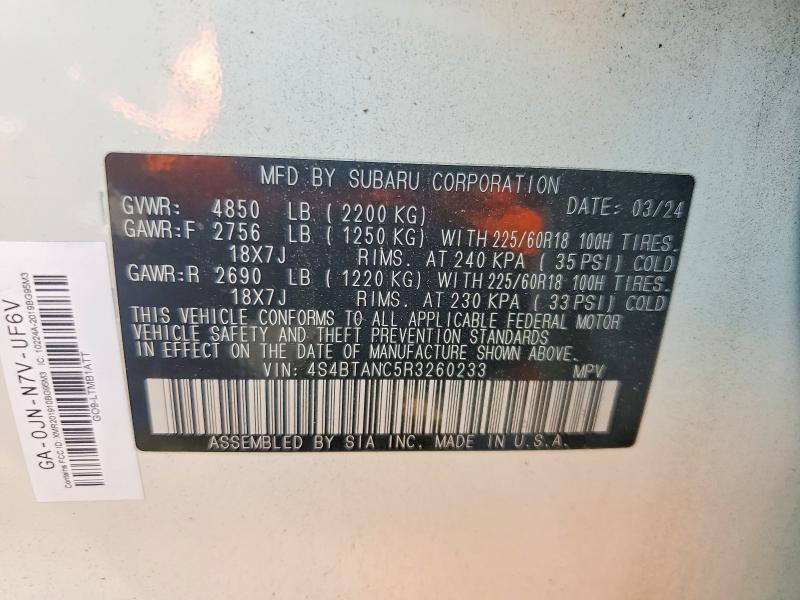 63067576 :رقم المزاد ، 4S4BTANC5R3260233 vin ، 2024 Subaru Outback مزاد بيع